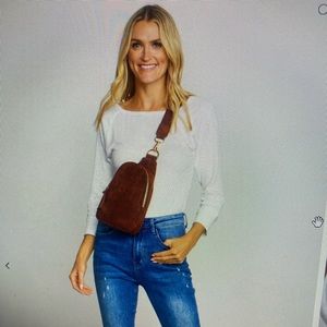 Social Threads - Faux Suede Sling Bag in chocolate.